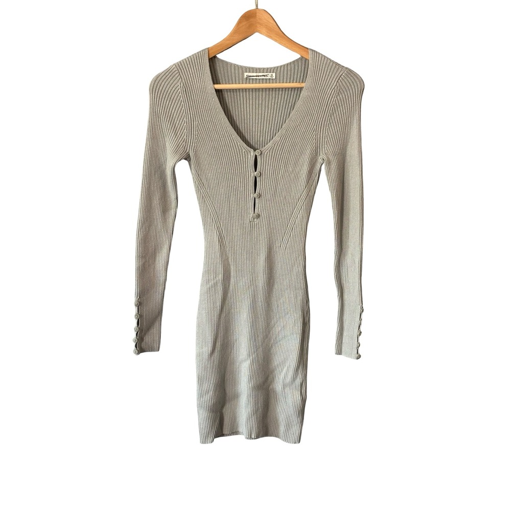 Abercrombie & Fitch XS Gray Ribbed Knit Henley Mini Dress Button Cuff Long Sleev